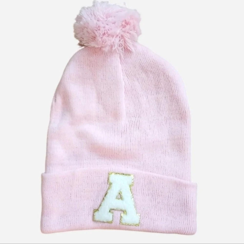 Girls Knitted Pink Pom Pom Beanie With White & Gold Letter Initial A